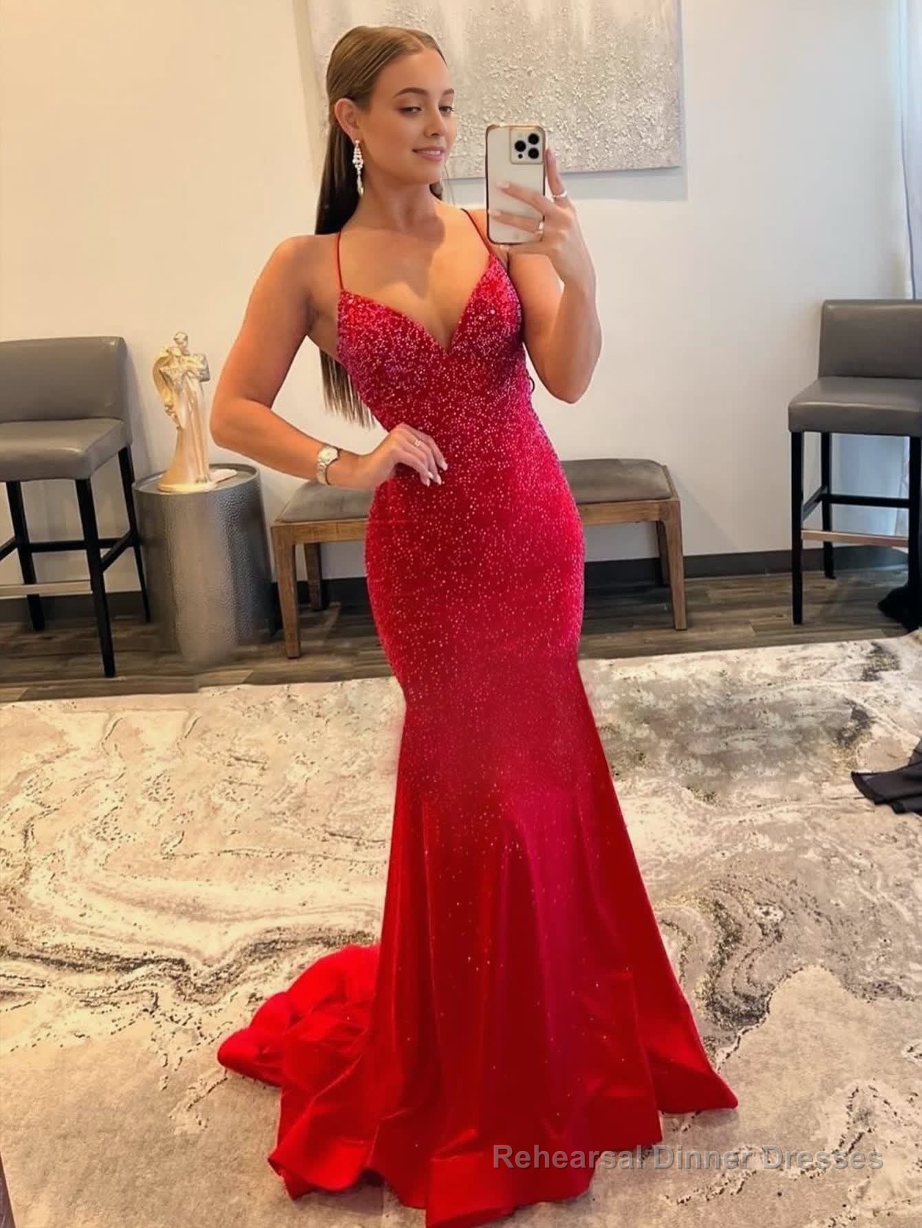 Mermaid V Neck Red Glitter Satin Prom Dress Main image