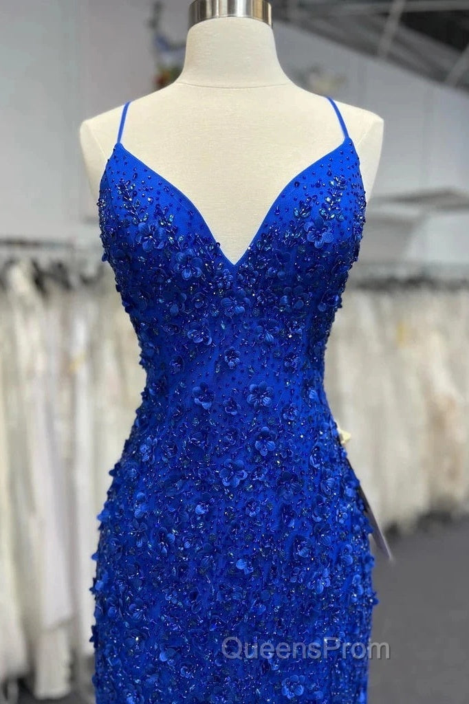 Mermaid V Neck Royal Blue Beade Applique Tulle Long Evening Prom Dress, Evening Dress Secondary image