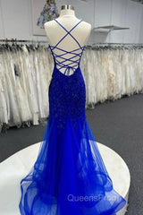 Mermaid V Neck Royal Blue Beade Applique Tulle Long Evening Prom Dress, Evening Dress