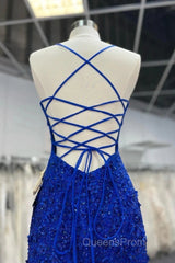 Mermaid V Neck Royal Blue Beade Applique Tulle Long Evening Prom Dress, Evening Dress