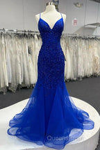 Mermaid V Neck Royal Blue Beade Applique Tulle Long Evening Prom Dress, Evening Dress