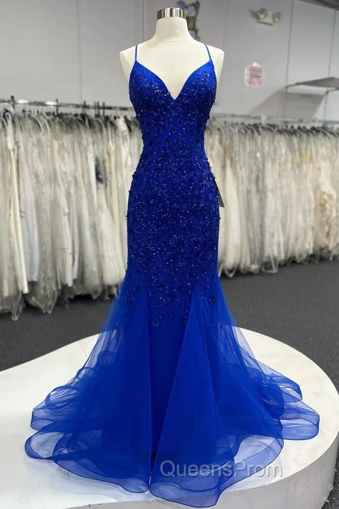 Mermaid V Neck Royal Blue Beade Applique Tulle Long Evening Prom Dress, Evening Dress