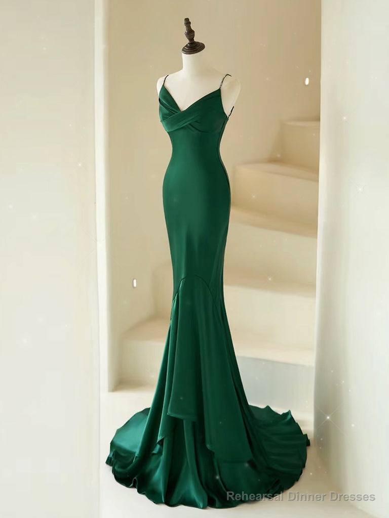 Mermaid V Neck Satin Green Long Prom Dress, Green Long Evening Dress Secondary image