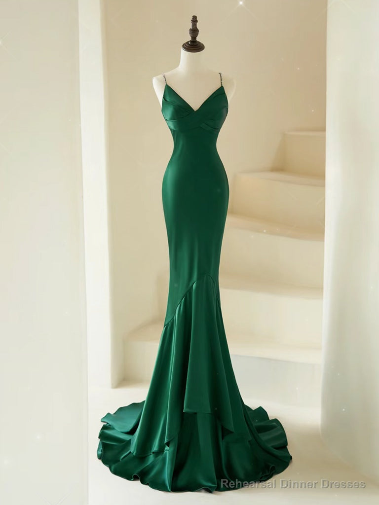 Mermaid V Neck Satin Green Long Prom Dress, Green Satin Long Formal Dress Main image