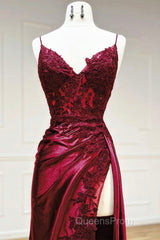 Mermaid V Neck Satin Lace Burgundy Long Evening Prom Dress, Burgundy Long Formal Dress