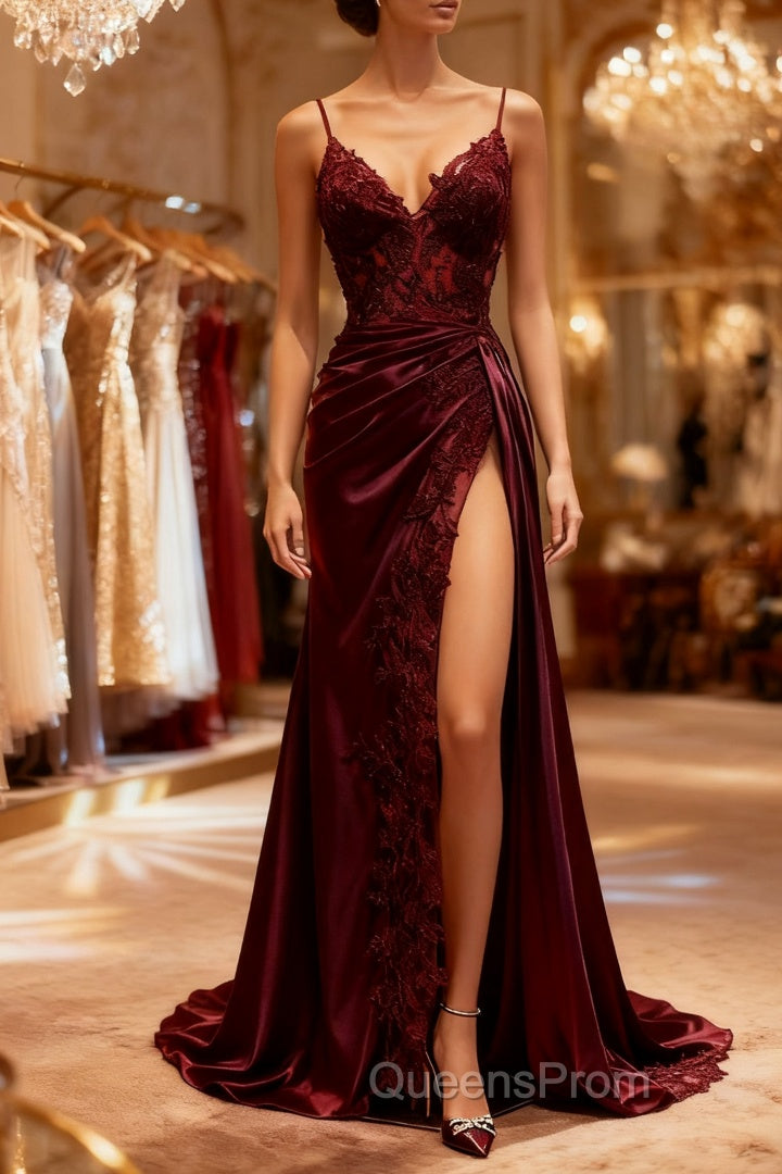 Mermaid V Neck Satin Lace Burgundy Long Evening Prom Dress, Burgundy Long Formal Dress Main image