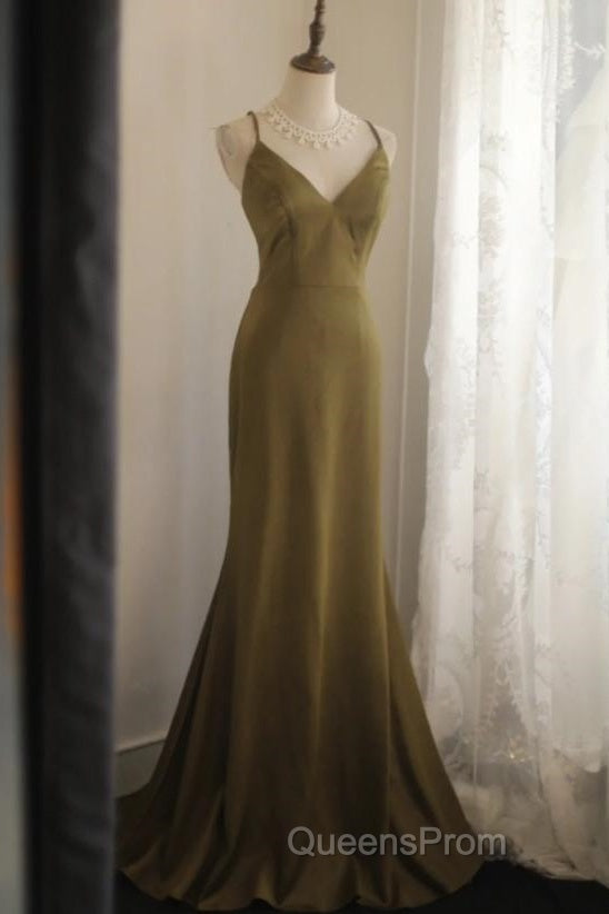 Mermaid V-Neck Satin Long Evening Prom Dress Elegant Spaghetti Strap Formal Dress