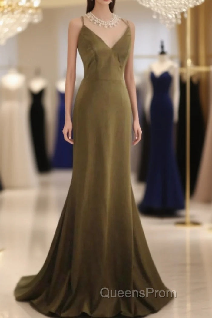 Mermaid V-Neck Satin Long Evening Prom Dress Elegant Spaghetti Strap Formal Dress Main image