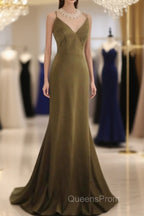 Mermaid V-Neck Satin Long Evening Prom Dress Elegant Spaghetti Strap Formal Dress