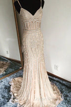 Mermaid V Neck Sequined Black Evening Prom Dress Spaghetti Straps