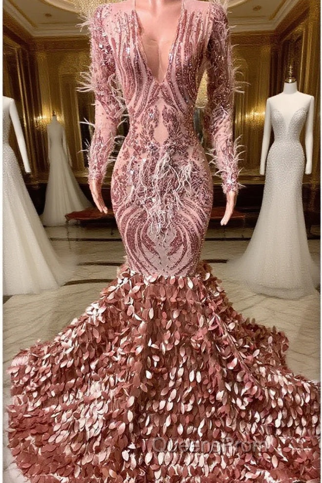 Mermaid V-neck Sequined Floor-length Long Sleeve Lace Evening Prom Dress With Feather Main image