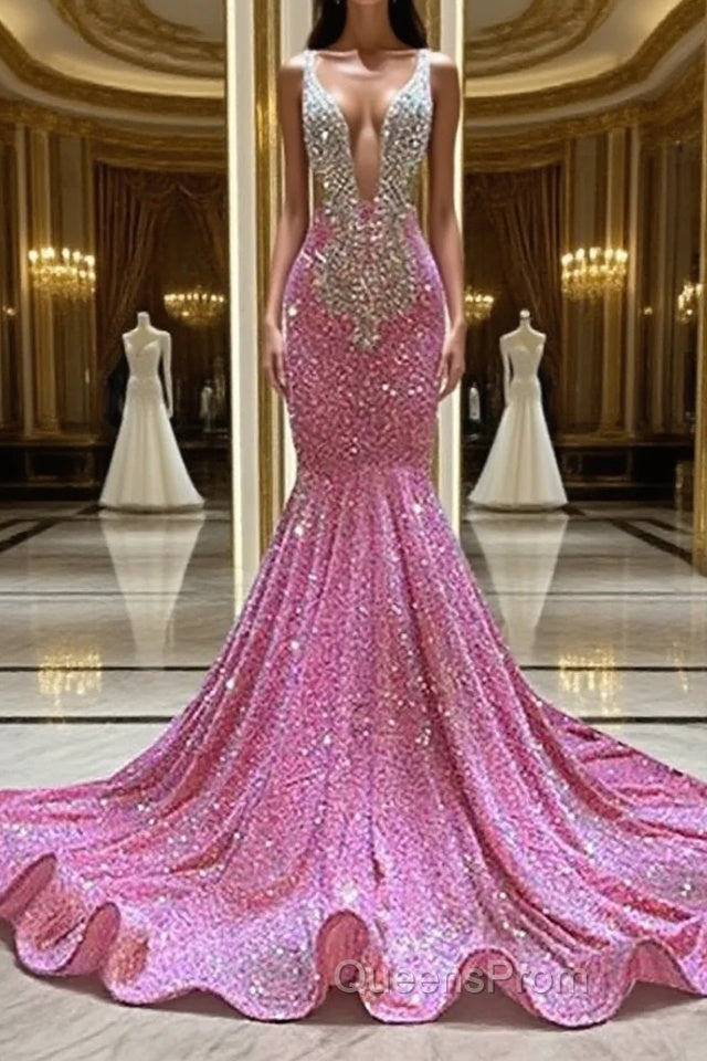 Mermaid V-neck Sequined Floor-length Sleeveless Evening Prom Dress Main image