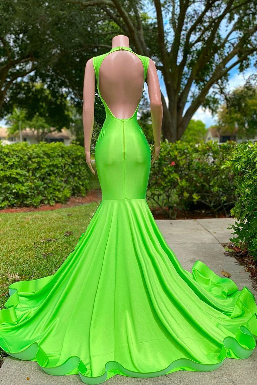 Mermaid V-Neck Sequined Open Back Floor-Length Sleeveless Lace Beading Prom Dress