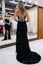 Mermaid V Neck Sequins Long Prom Dress with Slit