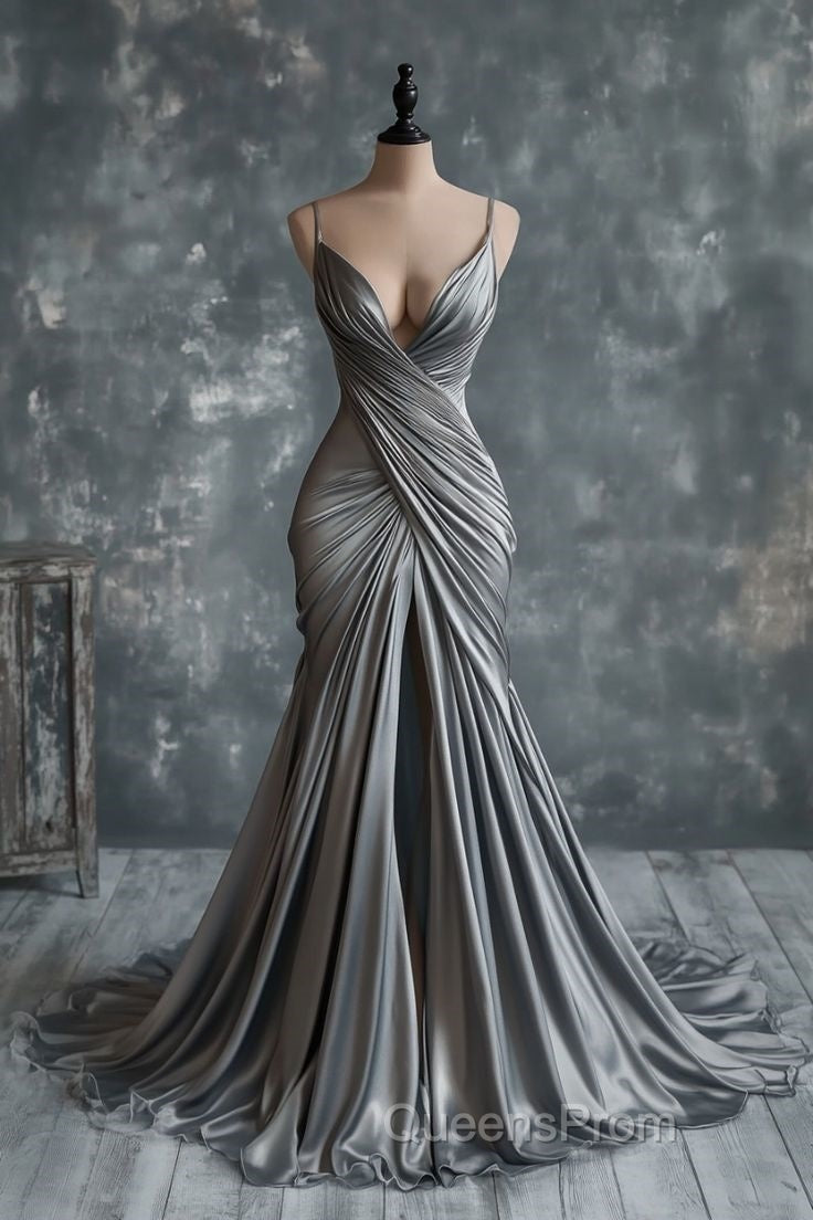 Mermaid V Neck Silver Spaghetti Straps Satin Long Evening Prom Dress Sexy Evening Dress Secondary image