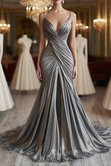 Mermaid V Neck Silver Spaghetti Straps Satin Long Evening Prom Dress Sexy Evening Dress