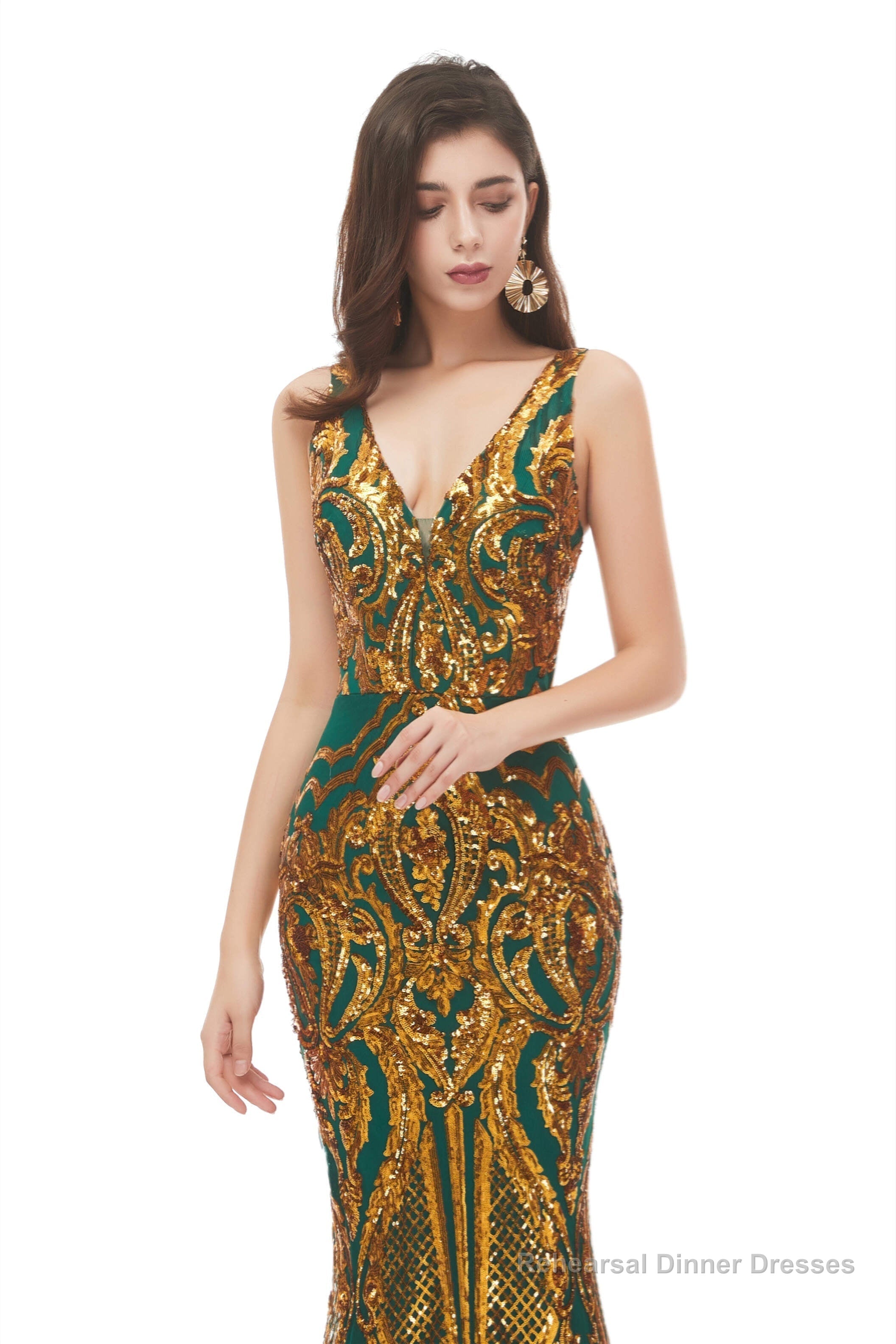 Mermaid V Neck Sleeveless Sequind Long Prom Dresses