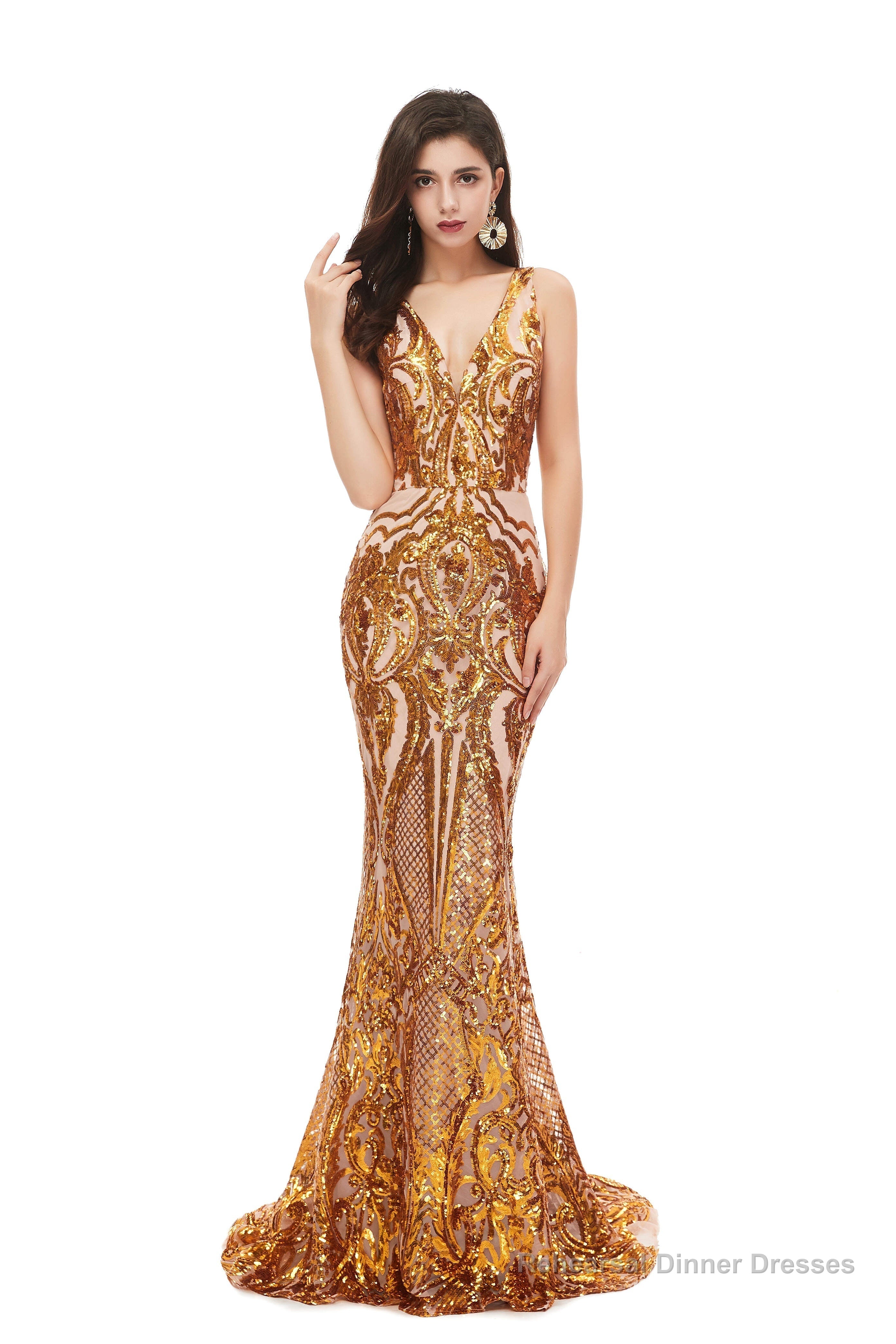Mermaid V Neck Sleeveless Sequind Long Prom Dresses