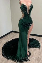 Mermaid V-neck Spaghetti strap Beaded High Split Floor-length Sleeveless Evening Prom Dress