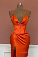 Mermaid V-Neck Spaghetti Straps Satin Dress With Slit