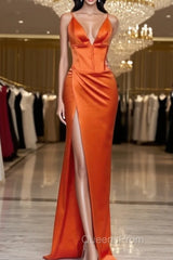 Mermaid V-Neck Spaghetti Straps Satin Dress With Slit