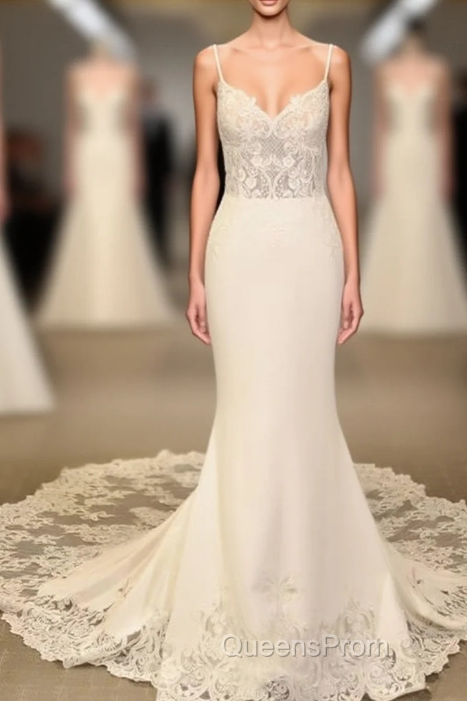 Mermaid V Neck Sweep Train Wedding Dress Lace Appliques Main image