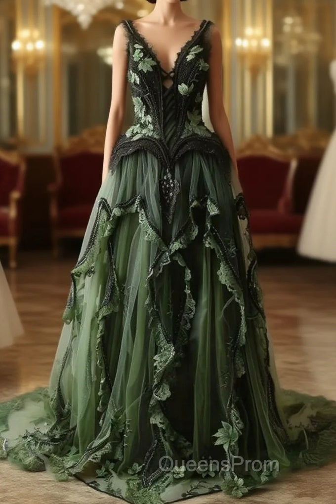 Mermaid V-Neck Tulle Applique Long Evening Prom Dress Vintage Lace Formal Evening Dress Main image