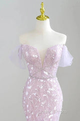 Mermaid V Neck Tulle Sequin Purple Long Evening Prom Dress Formal Dress