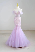 Mermaid V Neck Tulle Sequin Purple Long Evening Prom Dress Formal Dress