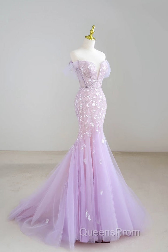 Mermaid V Neck Tulle Sequin Purple Long Evening Prom Dress, Purple Long Formal Dress