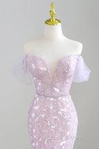 Mermaid V Neck Tulle Sequin Purple Long Evening Prom Dress, Purple Long Formal Dress