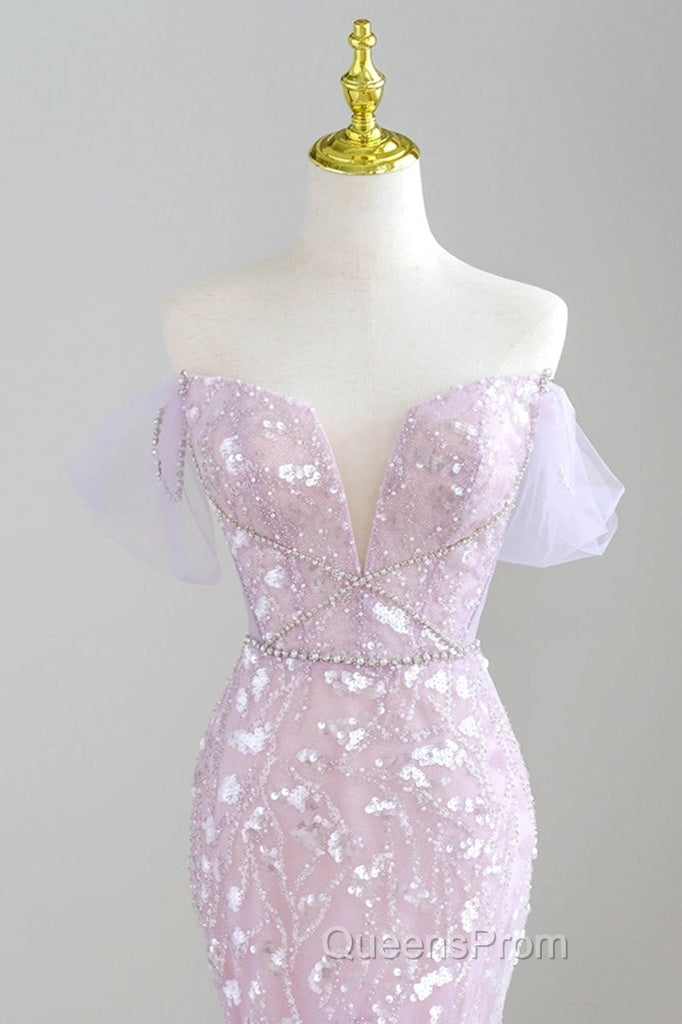 Mermaid V Neck Tulle Sequin Purple Long Evening Prom Dress, Purple Long Formal Dress