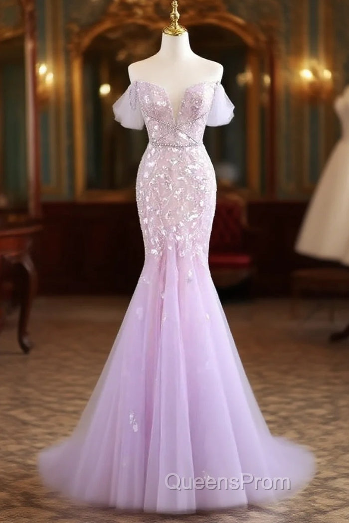 Mermaid V Neck Tulle Sequin Purple Long Evening Prom Dress, Purple Long Formal Dress Main image