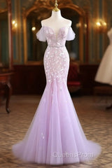 Mermaid V Neck Tulle Sequin Purple Long Evening Prom Dress, Purple Long Formal Dress