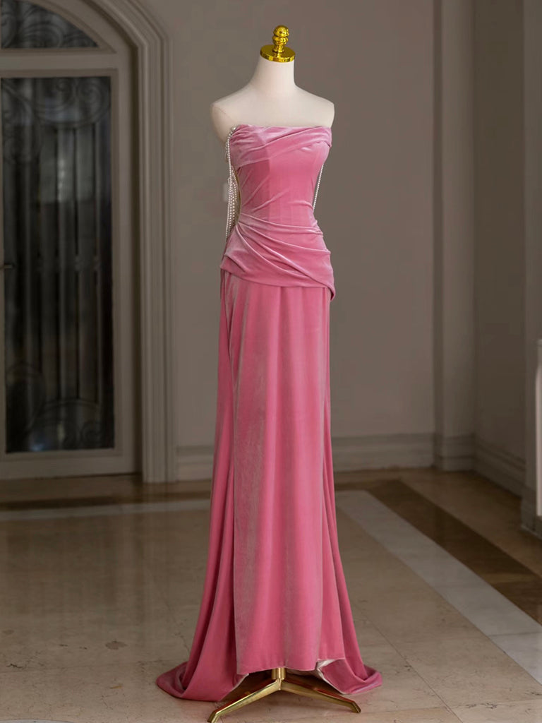 Mermaid Velvet Beads Pink Long Classy Prom Dress, Pink Long Classy Dress