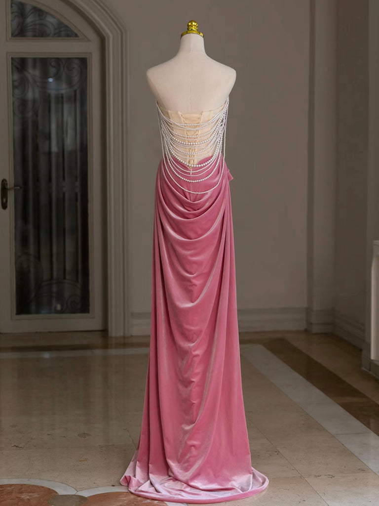 Mermaid Velvet Beads Pink Long Classy Prom Dress, Pink Long Classy Dress Secondary image