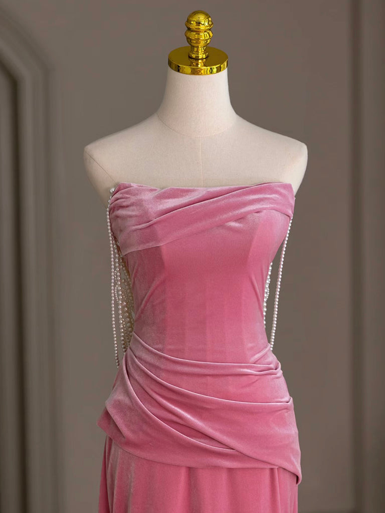 Mermaid Velvet Beads Pink Long Classy Prom Dress, Pink Long Classy Dress