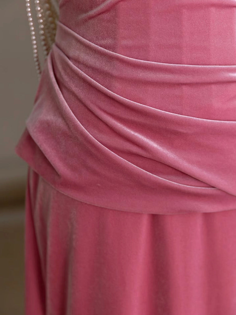 Mermaid Velvet Beads Pink Long Classy Prom Dress, Pink Long Classy Dress