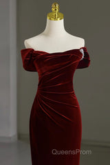 Mermaid Velvet Burgundy Long Evening Prom Dress, Burgundy Long Evening Dress