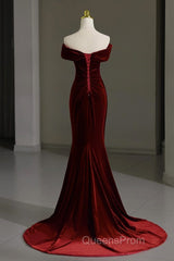 Mermaid Velvet Burgundy Long Evening Prom Dress, Burgundy Long Evening Dress