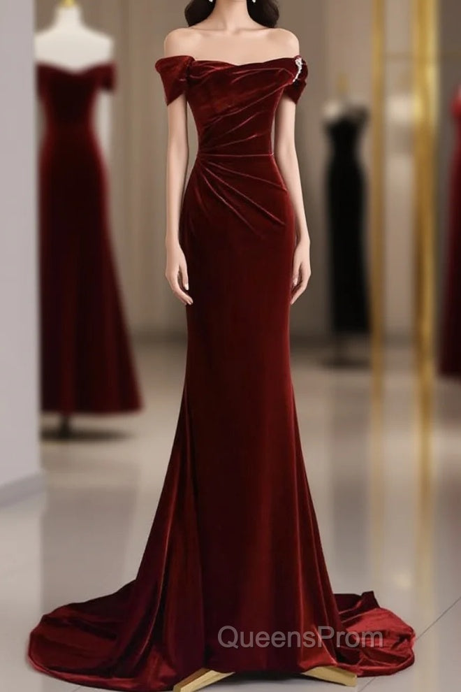 Mermaid Velvet Burgundy Long Evening Prom Dress, Burgundy Long Evening Dress Main image