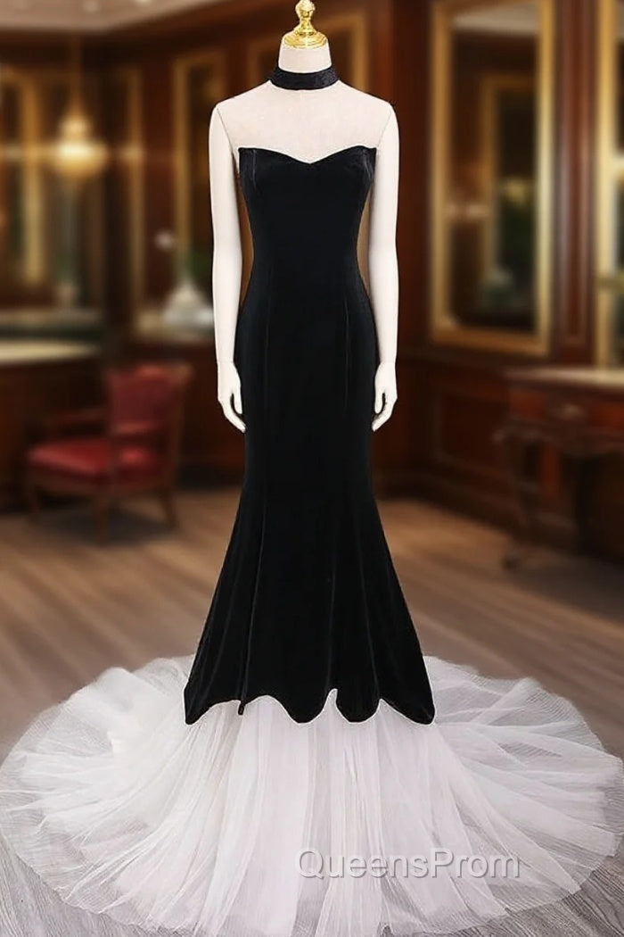 Mermaid Velvet Tulle Black Long Evening Prom Dress, Black Long Formal Dress Main image
