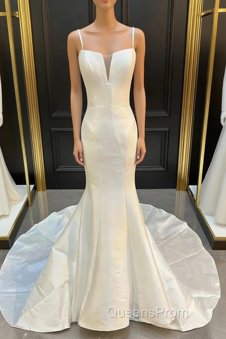 Mermaid White Spaghetti Straps Long Lace Wedding Dress Main image