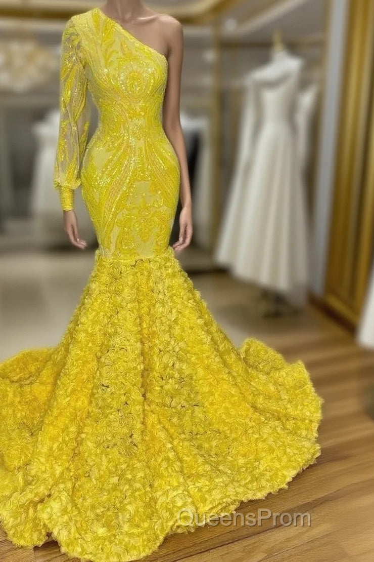 Mermaid Yellow One Shoulder Long Sleeve Evening Prom Dress Main image