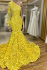 Mermaid Yellow One Shoulder Long Sleeve Evening Prom Dress