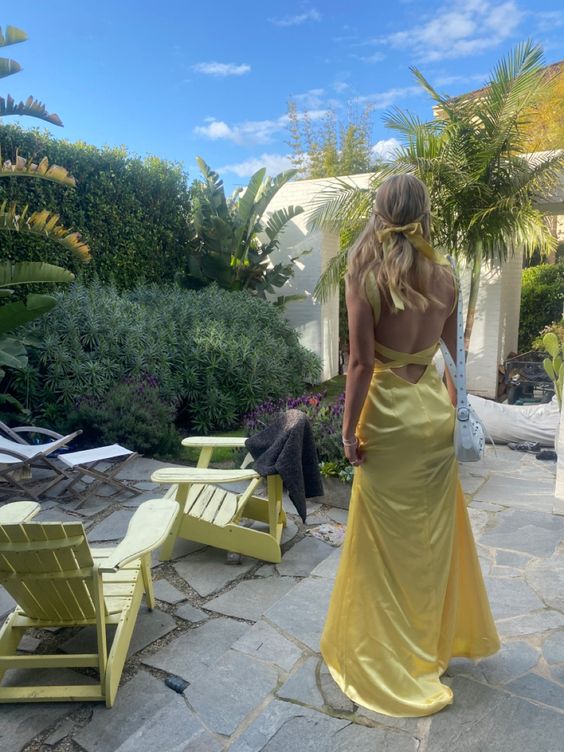 Mermaid Yellow Silk Satin Classy Evening Party Dress Long Backless Classy Prom Dress