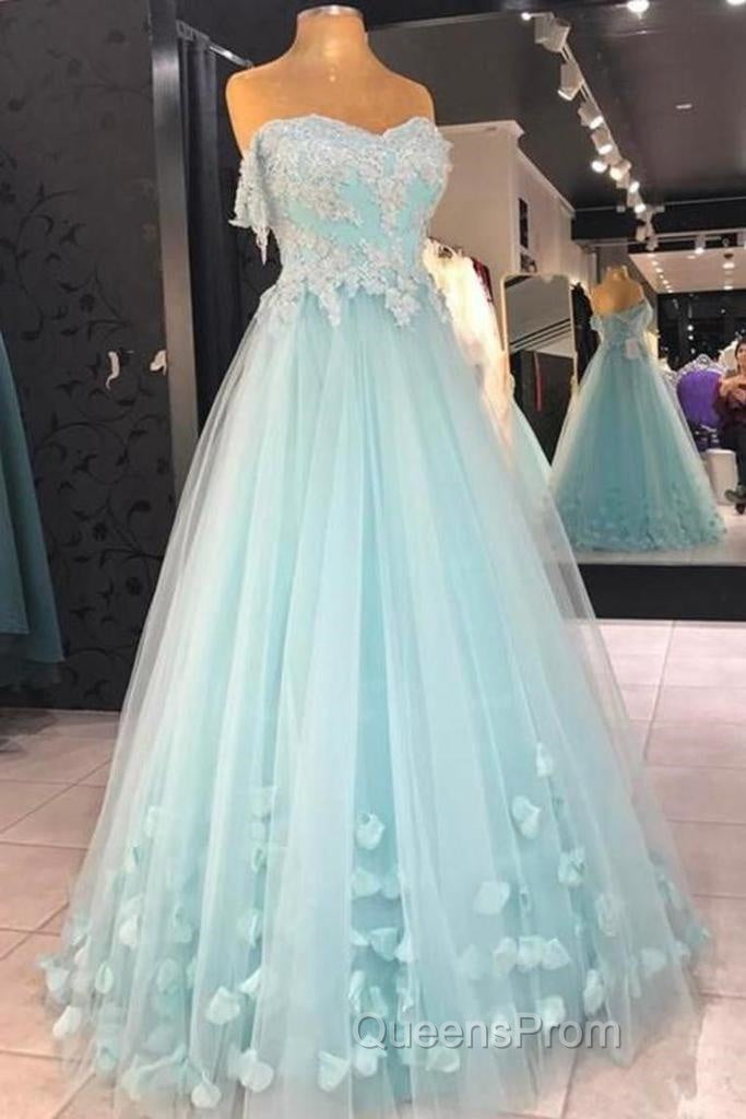 Mint Blue Sweetheart Tulle With Lace And Flowers Formal Dress, Tulle Long Evening Prom Dress Party Dress