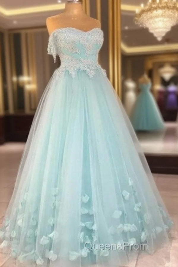 Mint Blue Sweetheart Tulle With Lace And Flowers Formal Dress, Tulle Long Evening Prom Dress Party Dress Main image