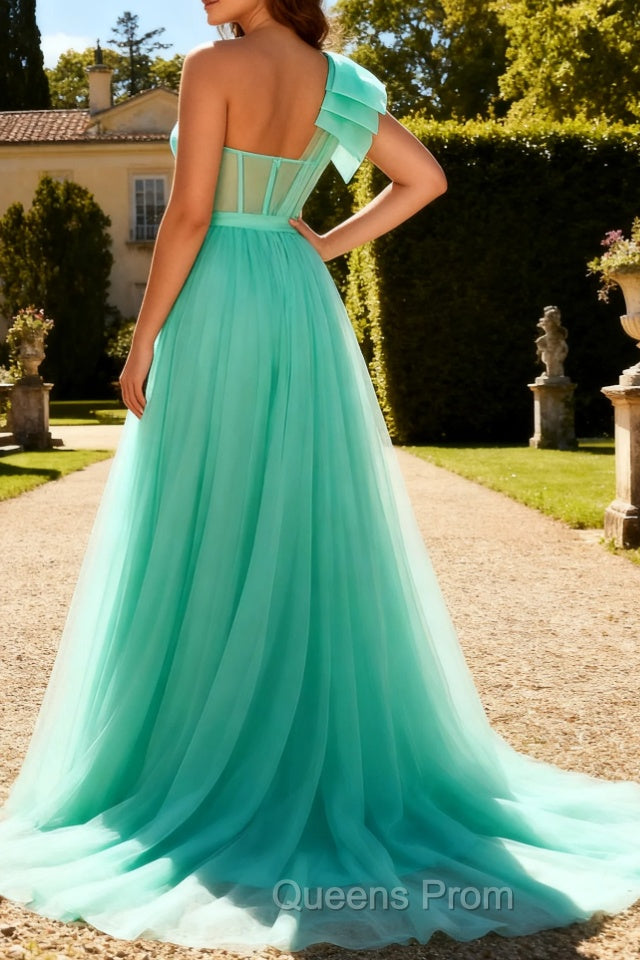 Mint Green A Line One Shoulder Corset Long Prom Dress With Slit Secondary image