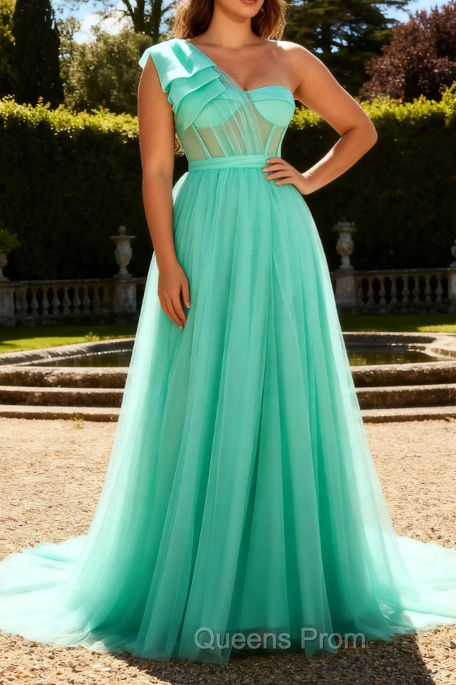 Mint Green A Line One Shoulder Corset Long Prom Dress With Slit Main image